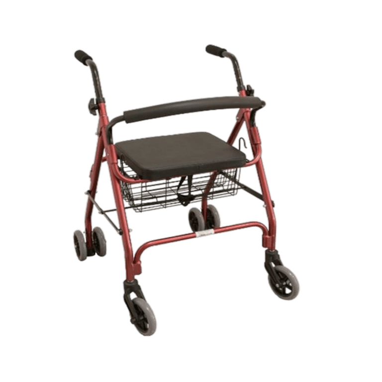 Rød rollator med kurv set forfra